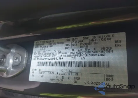 2022 Ford Escape Sel from USA, damaged, VIN 1FMCU9H62NUB92189